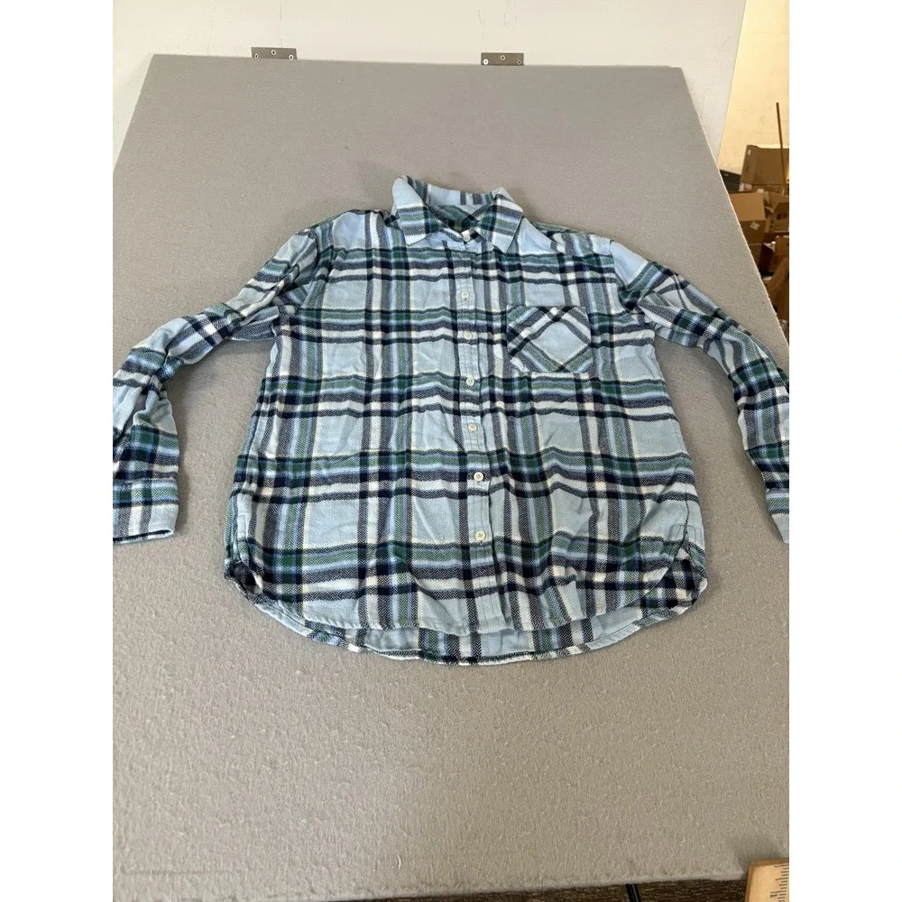 Vineyard Vines Shirt Boys Size 6 Blue Green Plaid Button Down Cotton Long Sleeve